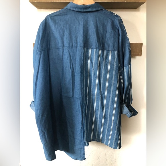 Shein|Oversized button down chambray top, striped & solid—asymmetrical hem•••XXL - Picture 2 of 14